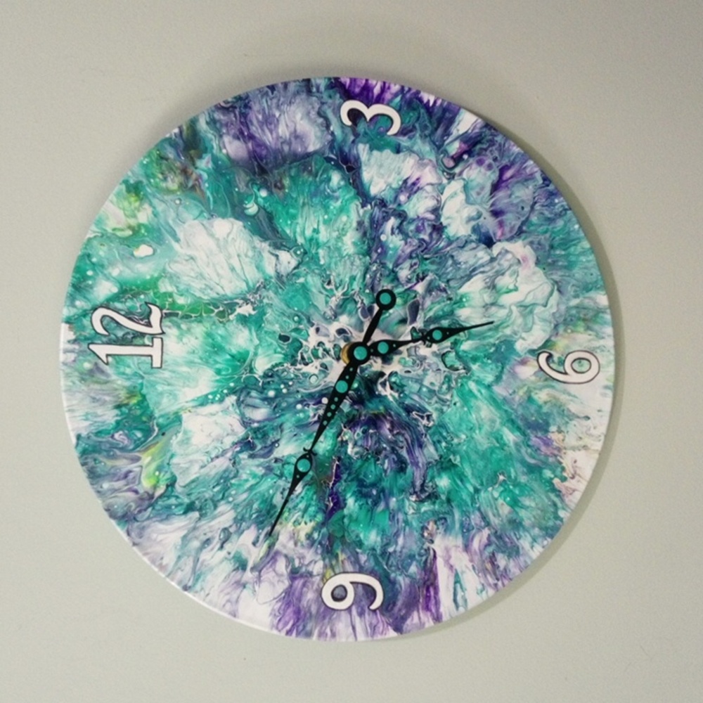 Hand Crafted Vinyl Record Clock Repurposed Upcycled Abstract Acrylic Fluid Art